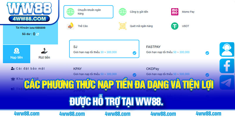  Các phương thức nạp tiền đa dạng và tiện lợi được hỗ trợ tại WW88.