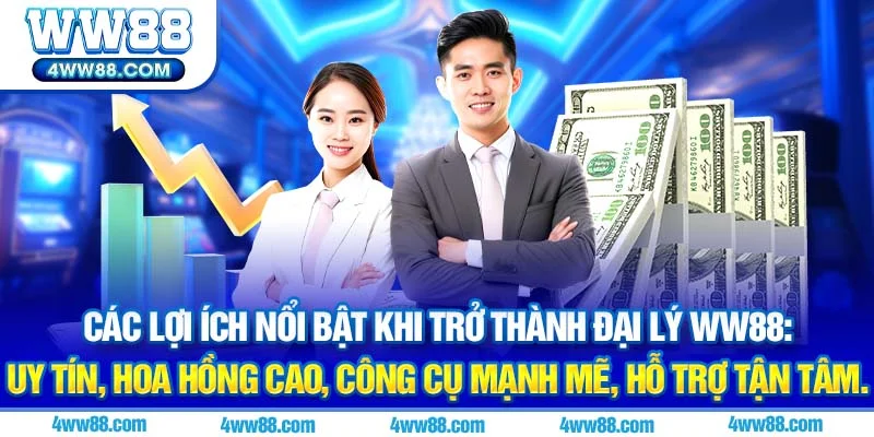 Các lợi ích nổi bật khi trở thành Đại lý WW88: Uy tín, Hoa hồng cao, Công cụ mạnh mẽ, Hỗ trợ tận tâm.